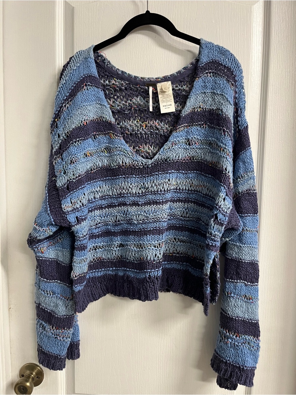 Free People Light Blue and Dark Blue Striped V-Neck Sweater